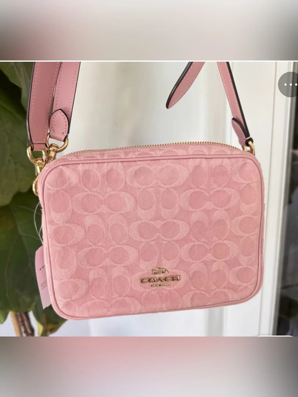 Coach Pink Signature Canvas Crossbody Camera Bag with Gold Hardware